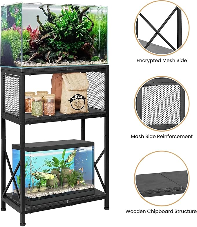 SwaaVee 10 Gallon Fish Tank Stand, Heavy-Duty 3-Tier Metal Storage Cabinet, Rustic Brown Aquarium Stand for Fish, Turtle & Reptile Terrariums (Rustic Black)