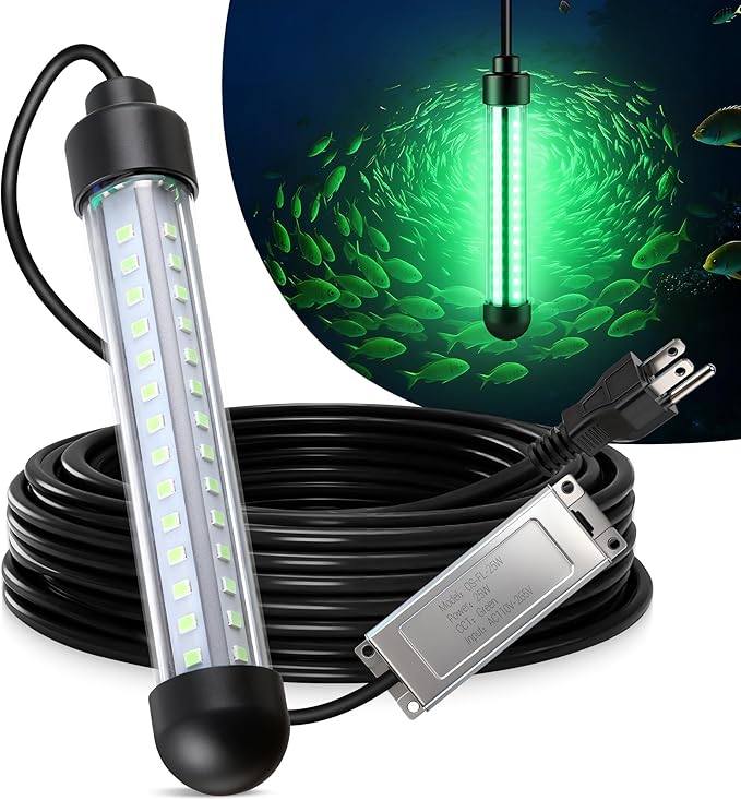 Underwater Fishing Light, 25W 2700LM Green Fishing Light, IP68 High Efficiency LED Fish Attractor Lamp, UL Certified 32.8ft Cable, Waterproof Submersible Lamp for Boat, Dock, Kayaks