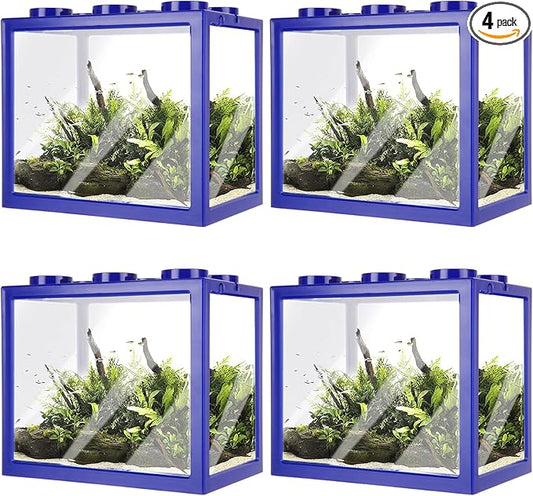 4PCS Plastic Small Betta Fish Tank, 0.6 Gallon Stackable Fish Bowl, Cube Fish Aquarium Tank for Shrimp, Turtle, Small Crab (Blue)