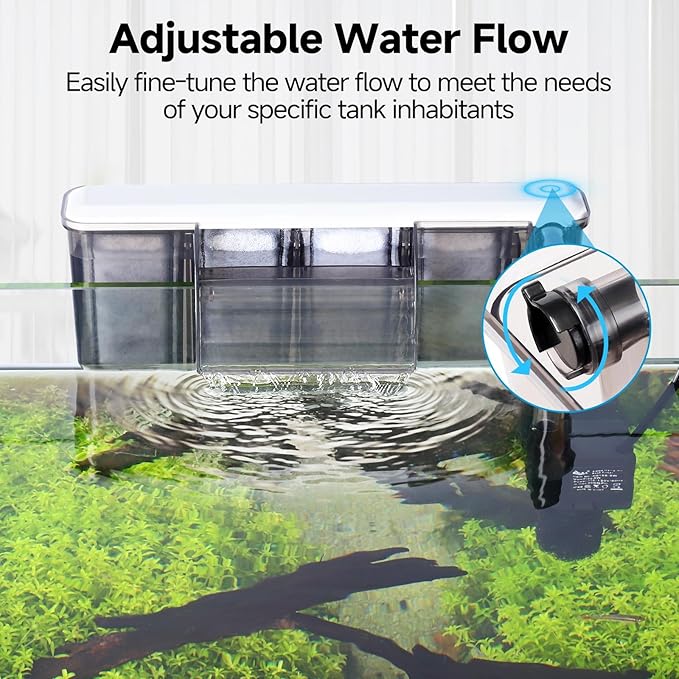 AQQA Quiet Hang on Back Aquarium Filter for 30-50 Gallon, Fish Tank Filters with Adjustable Flow, Auto Start Powerful Filtration HOB Filter, Easy Install for Freshwater Aquariums,8W 200GPH