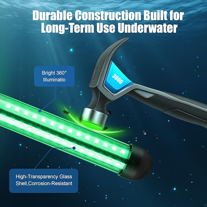 Underwater Fishing Light, 25W 2700LM Green Fishing Light, IP68 High Efficiency LED Fish Attractor Lamp, UL Certified 32.8ft Cable, Waterproof Submersible Lamp for Boat, Dock, Kayaks