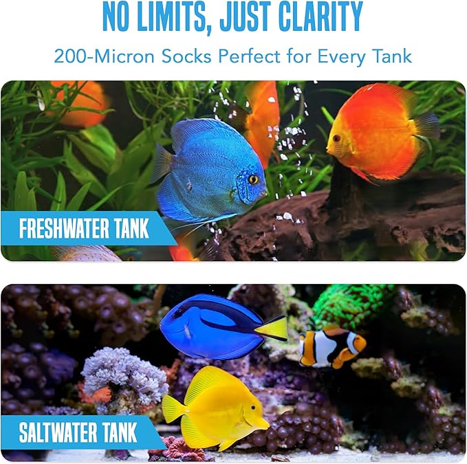 JOR Filter Sock 200 Micron, Double Stitched Machine Washable and Reusable, Extends Life of Filter System, Good for the Planet, Improves Aquarium Pond Water for Energetic Fish, Clear Water, 2 Pack