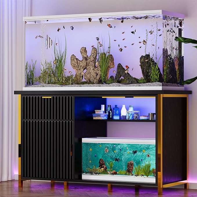 55-75 Gallon Fish Tank Stand with Power Outlets, LED Light, Vertical Lines, Heavy Duty Aquarium Stand with Cabinet for Fish Tank Accessories Storage, Turtle Tank, Reptile Terrarium (Black and Gold)