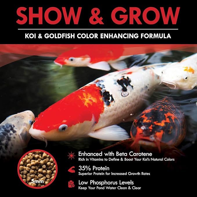 HALF OFF PONDS Show & Grow Koi Fish Food - 10 lb Floating Pellets, 5mm Size - Goldfish Food for Ponds - 35% Protein with Beta Carotene & Vitamins - Enhances Color Vibrancy & Body Definition