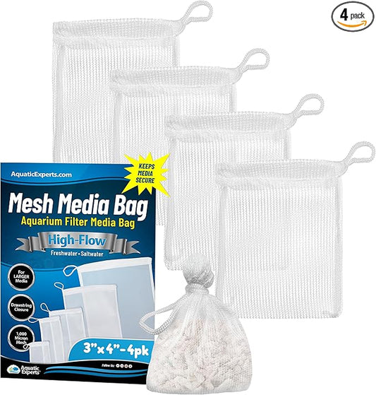 Aquatic Experts High Flow Filter Media Bag - Durable Filter Bags for Fish Tank, Secure Aquarium Media Bag with Drawstring, Media Bags for Aquarium and Pond, High Flow (White), 3” x 4” – 4 Pack