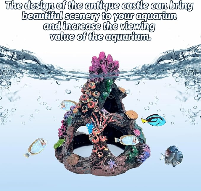 PINVNBY Coral Aquarium Decorations (Size: 6.3 x 4.7 x 4.7 inches) Small Fish Tank Decorations Hideout Resin Rock Mountain Cave Ornaments Betta Hideout House for Beta Sleep Rest Hide Play Breed