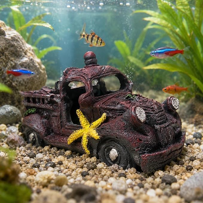 LOGOFUN Aquarium Wreck Car Decoration Simulation Wreck Car Model Resin Wrecks Cars for Fish Tank Aquarium Micro Landscape Decoration