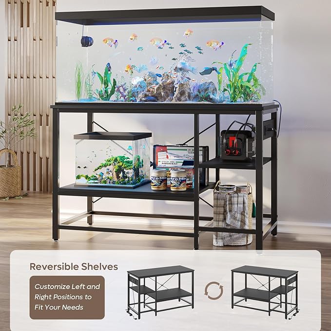 Bestier 55 Gallon Fish Tank Stand with Power Outlet, 49x13 Metal Aquarium Stand with Filter Storage, 6-Leg Long Reptile Tank Stand with 3-Tier Adjustable Storage Shelves, 700LBS Capacity, Black Oak