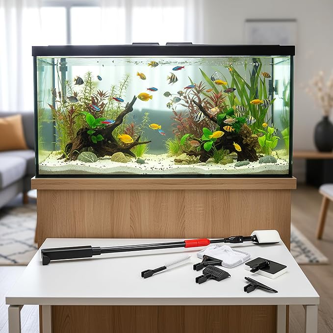 TOPZEA 6 in 1 Aquarium Cleaning Tool Kit, Fish Tank Cleaner Set with Adjustable Telescopic Long Handle (21-32 Inch) Include Algae Scraper, Scrubber Pads, Fish Net, Tube Cleaning Brush, Gravel Rake