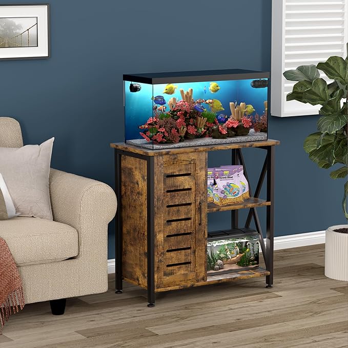 Herture 20-29 Gallon Fish Tank Stand, Aquarium Stand with Cabinet Accessories Storage, Heavy Duty Metal Frame, 31.49" L*15.74" W Tabletop, 330LBS Capacity, Rustic Brown PG07YGN