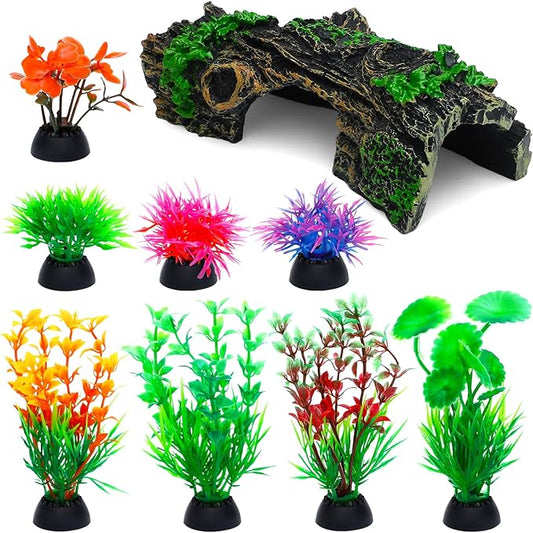 ONEST 9 Pieces Aquarium Decorations Resin Hollow Tree Trunk Ornament Set Fish Tank Artificial Plastic Plants Decorations for Fish Tank