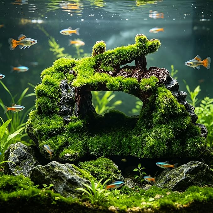 Saim Aquarium Cave Decor, Mossy Hollow Rock Hideout for Betta Fish & Shrimp - Natural Ruins Stone with Hole, Small Fish Hideaway Tank Ornaments