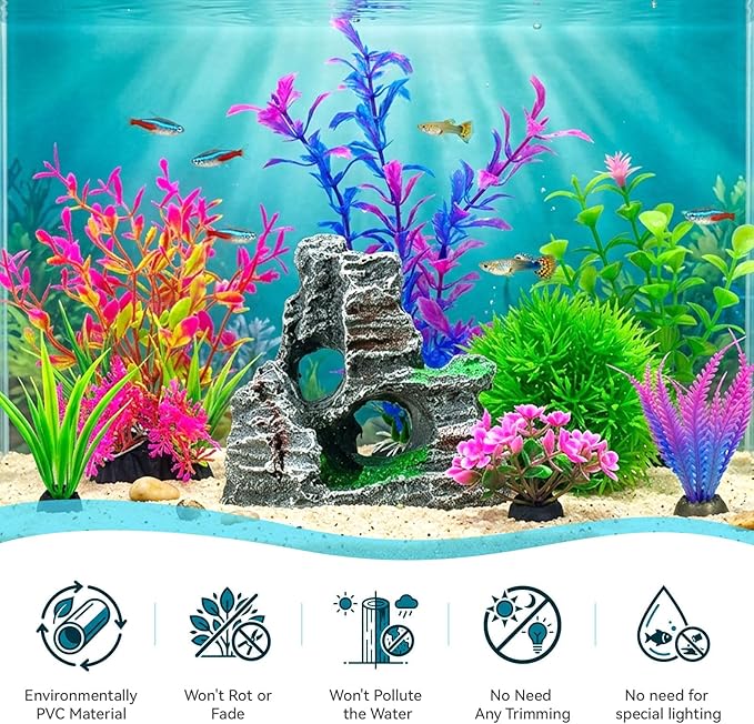 8Pcs Aquarium Decor Set, Artificial Plastic Plants and Rock Cave for Fish Tank Decorations, Goldfish Betta Fish Tank Accessories Supplies Realistic Small Large Fish Bowl Ornaments