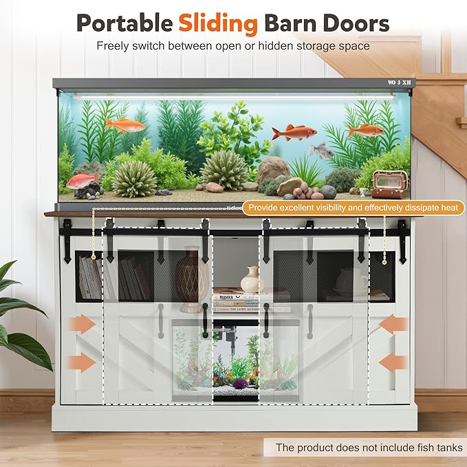MAGIC UNION 55-75 Gallon Large Fish Tank Stand with Power Outlet, Heavy Duty Aquarium Stand with Sliding Barn Doors, Turtle Reptile Terrarium Stand with Cabinet for Accessories Storage, 1300LBS(White)