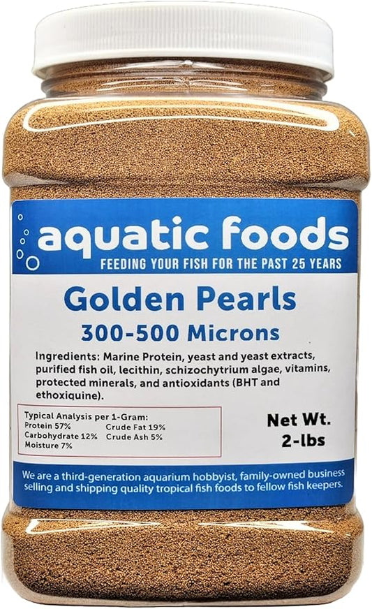Golden Pearls 300-500 Micron New Fry, uveniles of Shrimp, Axolotls, Discus, Cichlids, Catfish, Tetras, Angel Fish, Guppies, Bettas, Goldfish, Corals, Reefs…2-lb Med Jar
