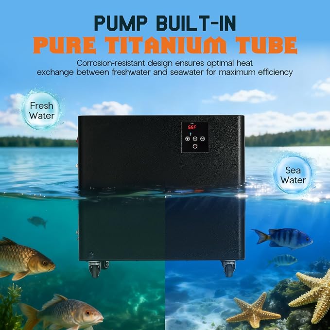 Albott 132 Gal Aquarium Cooler, 1/2 HP Water Chiller with Water Pump & 2 Pips, Hydroponics Chiller with Quiet Design Compressor & Wheels for Axolotl Fish Coral Shrimp, 110V, Black