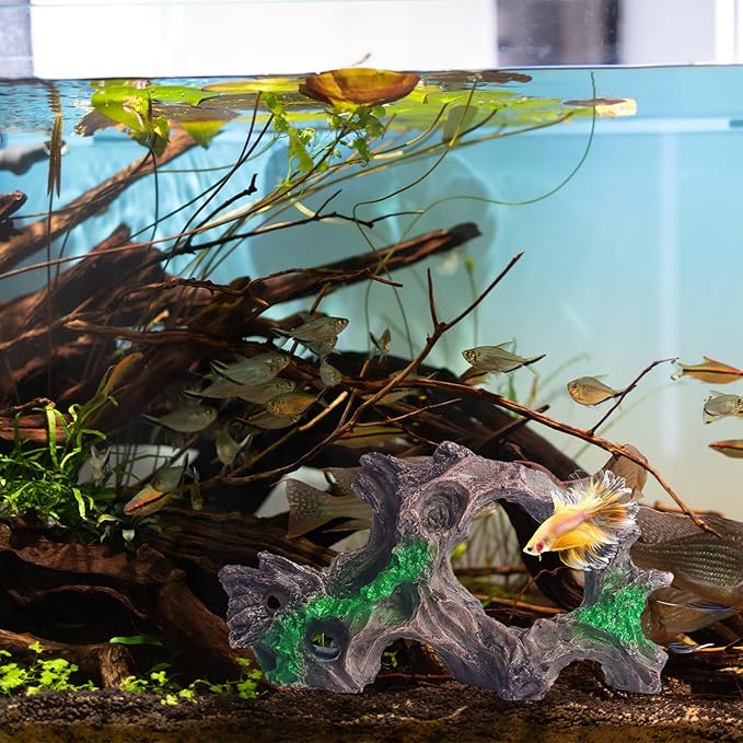 RUIAN Aquarium Tree Root Decor with Plants-Betta Fish Tank Ornament, Realistic Brown&Green Resin Hideaway Shelter for Small Fish(O Tree Root)