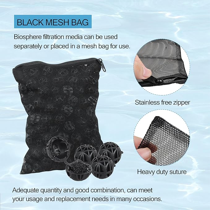 500 Pieces Black Bio Balls 0.6 Inch Internal Bioballs Filter Media for Aquarium Filter Pond Filter with 5 Pack Zippered Aquarium Filter Media Mesh Bags