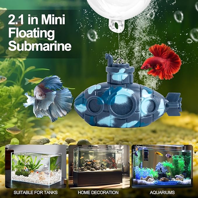 CousDUoBe 2.1 in Mini Floating Submarine Fish Tank Decoration Set，Cute Retro Submarine Set and Floating Diver,Aquarium Decorations Resinous Betta Fish Tank Accessories