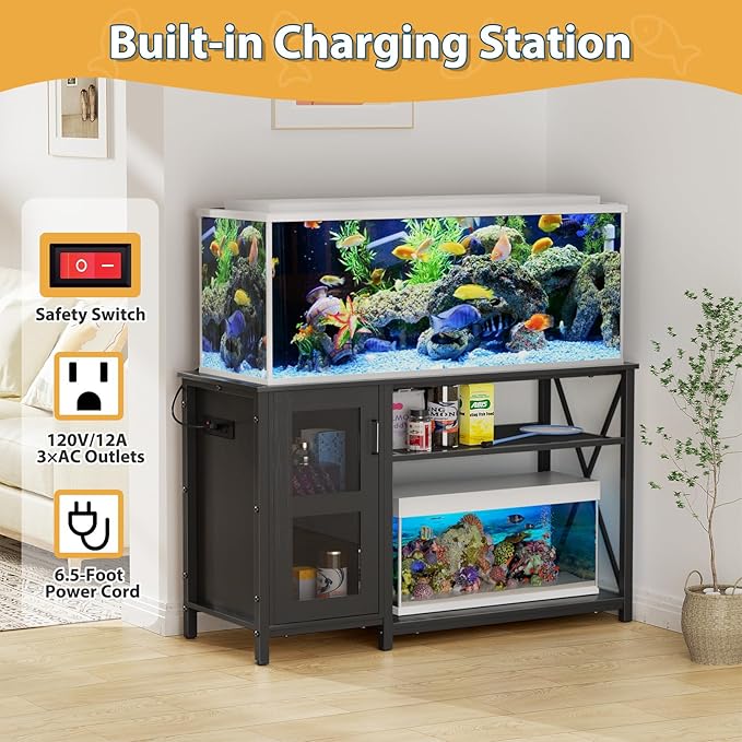 BEURUKU 55-75 Gallon Fish Tank Stand , Aquarium Stand with Cabinet & Power Outlets for Fish Tank Accessories Storage, Heavy Duty Metal Terrarium Stand, 52" L*19" W Tabletop, 1200LBS Capacity, Black