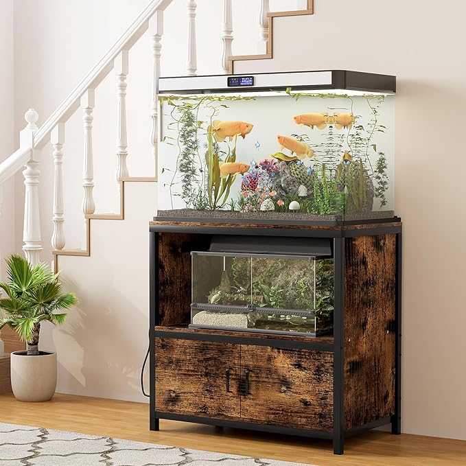TQVAI 50-75 Gallon Fish Tank Stand with Power Outlets, Heavy Duty Aquarium Stand with Cabinet Storage Fish Tank Accessories, Large Reptile Terrarium Tank Stand, Black/Vintage
