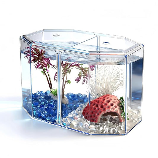 Small Fish ShrimpTank - Mini Sea Monkeys Tank Tiny Aquarium Tank - Include Hideout Decoration & Fish Tank Gravel - 2/5 Gallon Fry Fish Bowl Divided Compartments Beta Fish Tanks for 2 Betas