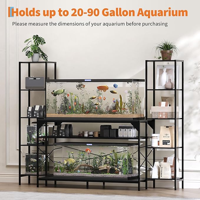 Garvee 20-90 Gallon Fish Tank Stand ,Aquarium Stand with Power Outlet,Heavy-Duty Reptile Terrarium Stands with 12-Leg Support and 4-Tier Storage Shelves,Fish Tank Table Aquarium Table,Load 860lbs