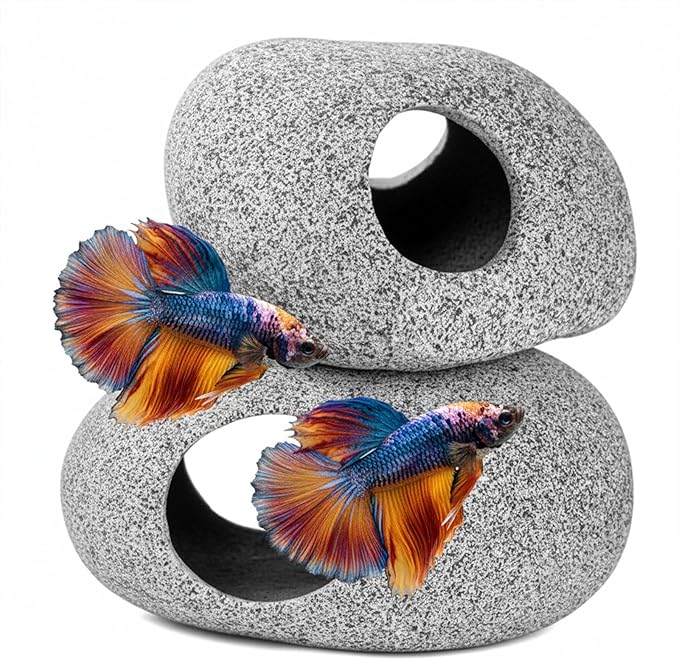 Aquarium Cave Decor - 2 PCS Natural Fish Tank Rocks for Betta Hideout and Shrimp Breeding, Hand-Polished Smooth Edges, PH Neutral, Ideal for 5-20 Gallon Tanks, Aquascaping Stone Ornaments