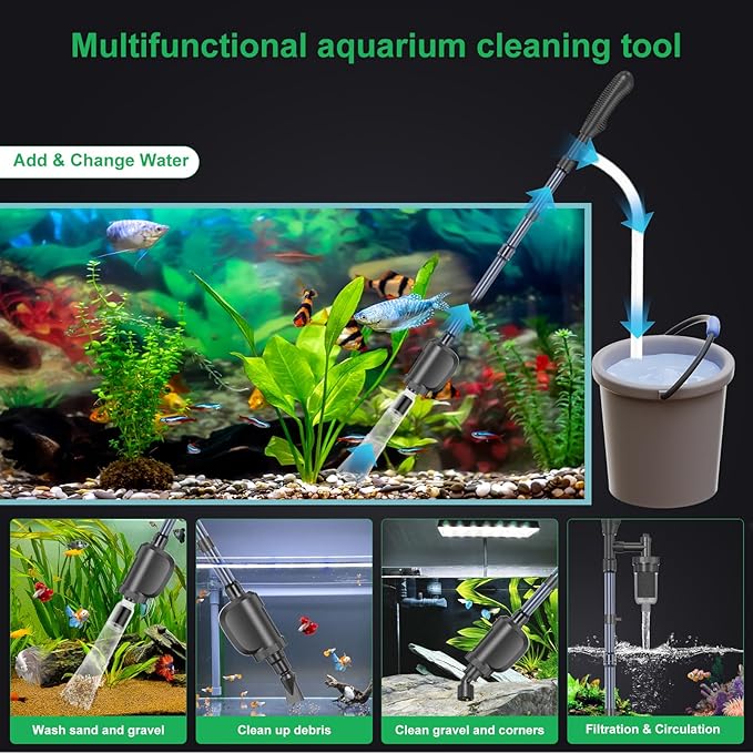 Electric Aquarium Gravel Cleaner with Strong Suction, Adjustable Water Flow, Auto Water Change & Sand Wash & Algae Remover, Low Water Level, 1.5m Hose & Telescopic Tube (36W, 580GPH)