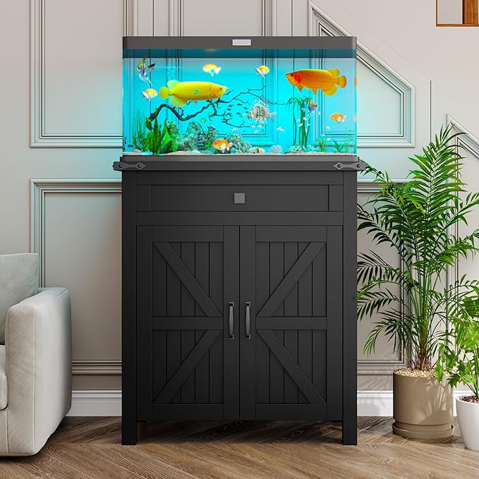 kepptory 20 Gallon Fish Tank Stand with Power Outlets, Farmhouse Decorative Aquarium Stand Furniture with Adjustable Shelves, 10-20 Gallon Reptile Turtle Tank Stand with Cabinet Storage (Black, 20GL)