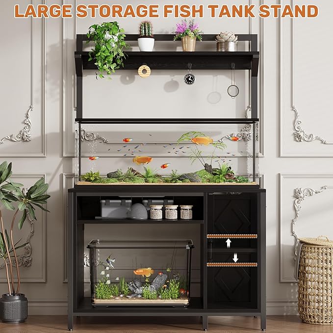 kepptory 40-50 Gallon Diamond Fish Tank Stand with Power Outlet, Heavy Duty Aquarium Cabinet with Display Shelf and 4 Hooks, Suitable for Turtle Tank, Reptile Terrarium for Home Office (Classic Black)