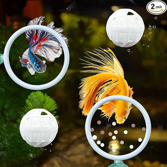 Betta Fish Exercise Ring and Filter Balls Set, Betta Ring Training Loop with Suction Cup and Nitrifying Ball, Betta Enrichment Toys, Aquarium Toys for Fish Turtle Tank Small Fish Tank (White, M-73mm)