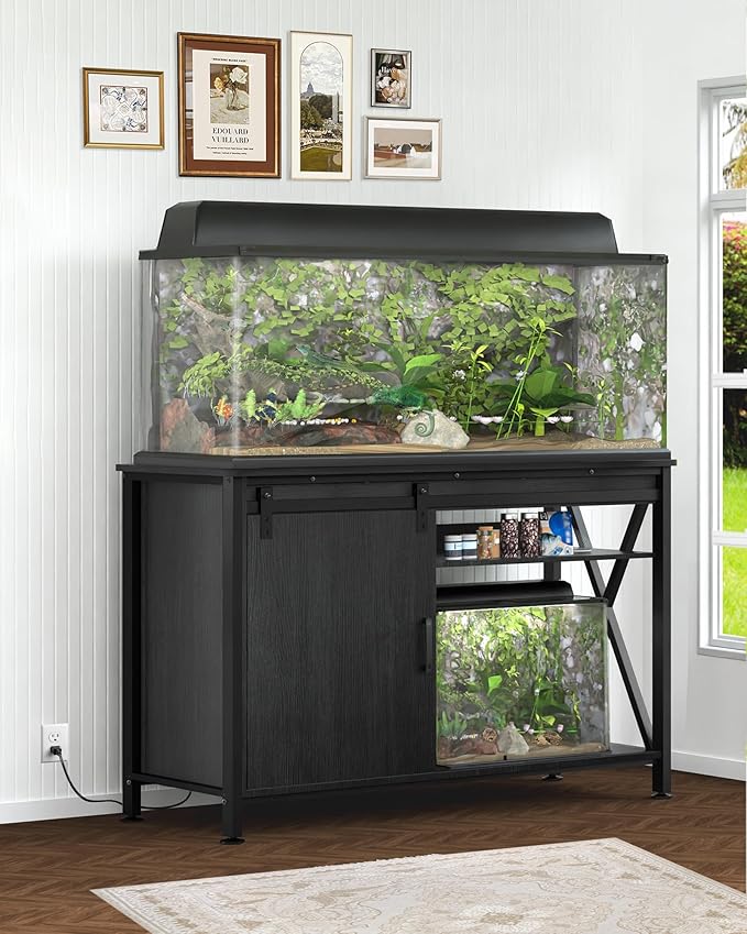 Aquarium Stand for Fish Tank: 40-50 Gallon Fish Tank Stand with Sliding Door - Heavy Duty Metal Aquarium Table with Power Outlet - 2-Tier Breeder Turtle Reptile Terrarium Stand for Home & Office