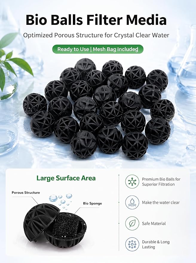 J-star 100 PCS 1-Inch (26mm) Bio Filter Balls for Aquarium Pond, Fish Tank Bio Filter Media for Freshwater & Saltwater, Canister Filter Sump Wet/Dry Trickle Filter, Includes 2 Mesh Bags