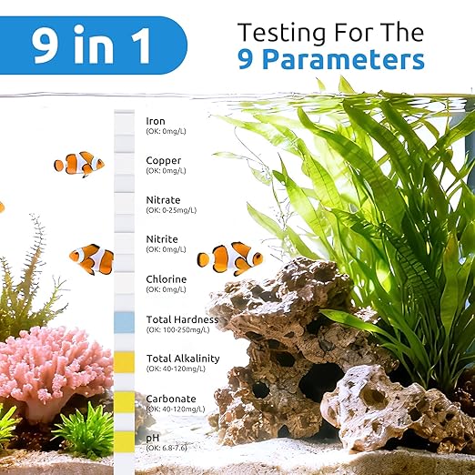 SEAOURA 9-in-1 Aquarium Test Kit for Fish Tanks - 65 Strips Water Testing Strips for Aquariums & Ponds Accurate Testing Iron，Copper，Nitrate，Nitrite，Chlorine，Hardness，Alkalinity，Carbonate，pH