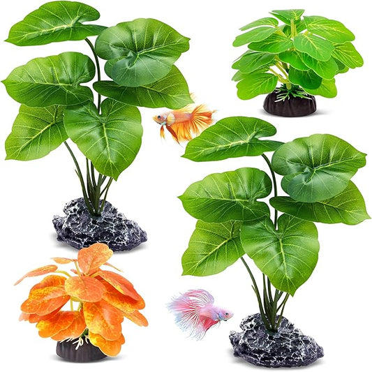 GOZILLA Fish Tank Plants, Reptile Artificial Plastic Plants, Reptile Plants for Terrarium, Aquarium Decorations Resin Pedestal Ornaments for Fish Tank Accessories Set.(4PCS/A-Set)