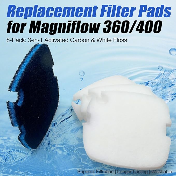 PurifyLogix 8 PCS Replacement Filter Pads for MarineLand for Magniflow 360/400 Canister Filters, Upgraded 3-in-1 Coarse (Activated Carbon) & White Floss Media - Mechanical & Biological Filtration