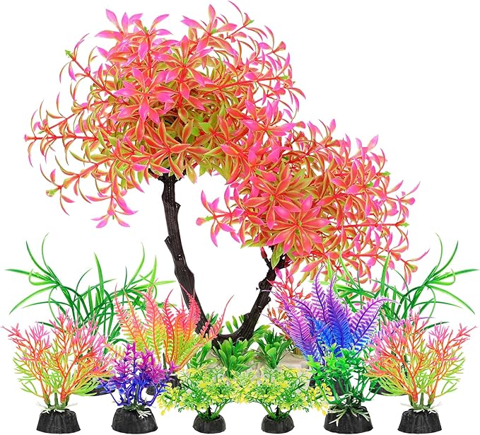 AQUANEAT Artificial Aquarium Plants, Fish Tank Pink Tree Decoration Set, Plastic Accessories, 11pcs