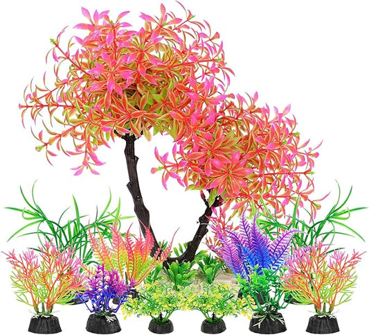 AQUANEAT Artificial Aquarium Plants, Fish Tank Pink Tree Decoration Set, Plastic Accessories, 11pcs