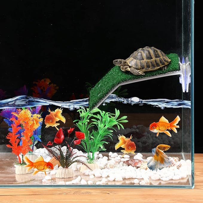 2 Pcs Turtle Basking Platform Ramp Medium Tortoise Terrace Resting Ladder Simulation Lawn and 6 Pcs Artificial Plastic Aquarium Plants Turtle Tank Accessories Decorations for Small Reptile Turtle
