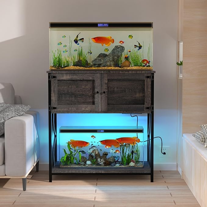 20-29 Gallon Fish Tank Stand, Aquarium Stand with Power Outlets &LED Light, Metal Frame Fish Tank Stand with Cabinet Accessories Storage, 30.7" L*15.7" W Tabletop, 330LBS Capacity, Dark Oak