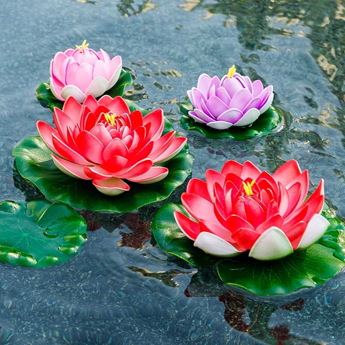 Artificial Floating Foam Lotus Flower with Water Lily Pad, Realistic Ornanment Perfect for Home Outdoor Patio Pond Aquarium Wedding Party Decorations, 10PCS