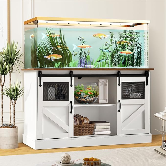 55-75 Gallon Fish Tank Stand with Sliding Barn Doors & Power Outlet, Heavy Duty Aquarium Stand with Cabinet Storage for 2 Fish Tank/Turtle Tank/Reptile Terrarium Accessories, 1300LBS (White)