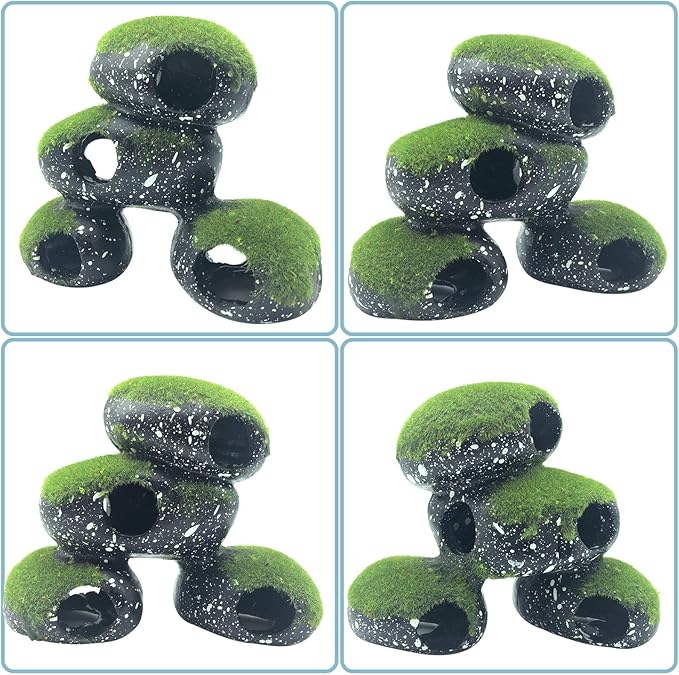 PINVNBY Stone Aquarium Hideaway Decoration Resin Cichlids Rock Decor with Artificial Moss Betta Cave Hideout Shelter Tunnel Fish Tank Ornament for Shrimp,Short Bream and Crayfish(L)