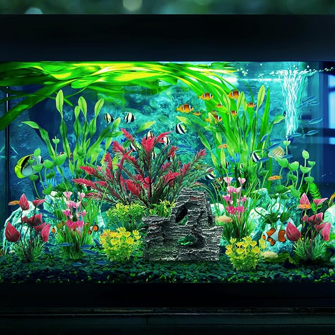 QUOZUO Fish Tank Accessories Aquarium Plants, 12pcs Colorful Fish Tank Artificial Plants and Cave Rock Decor Set, Aquarium Decorations Plants