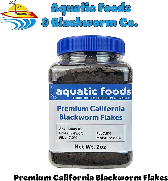 California Blackworm 45% Protein Premium Flakes for Discus, Cichlids, All Tropical Fish Also Pellet Mix, Wafer Mix Included…2oz