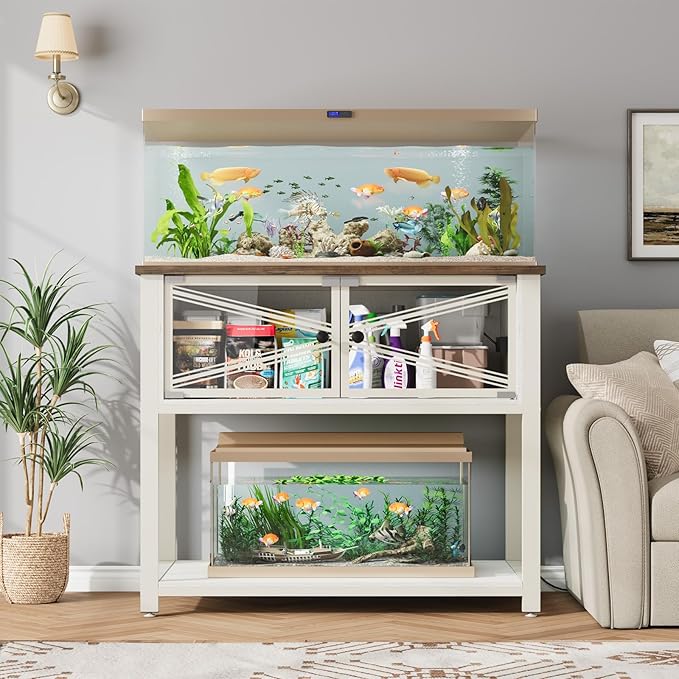 Rresyet 40-50 Gallon Aquarium Stand with Heavy Duty Metal Frame, Fish Tank Stand with Power Outlets, Two Glasses Door Storage Cabinet, Suitable for Turtle Tank, Reptile Tank, White+Brown