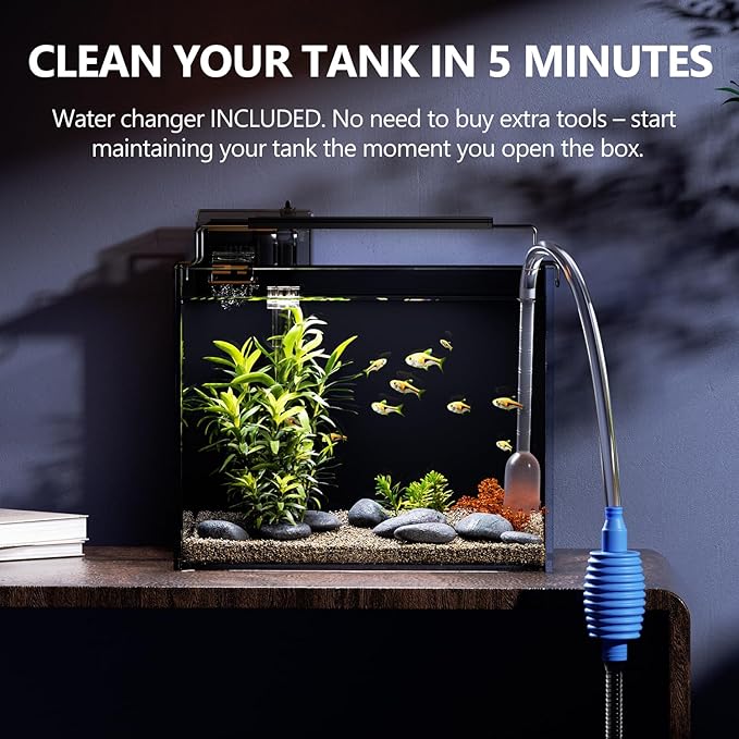 3 Gallon Fish Tank Aquarium Kit with Heater, HOB Filter, LED Light with Timer, Lid, Siphon Vacuum Cleaner, Self Cleaning Glass Rimless Betta Tank