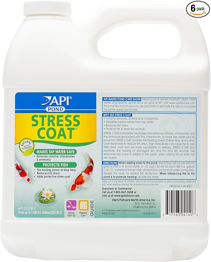 API POND STRESS COAT (64 fl oz) Pond Water Conditioner - Quickly Makes Tap Water Safe for Fish & Plants - Up to 7680 Gallons - Removes Chlorine, Ammonia & More - Natural Aloe Vera
