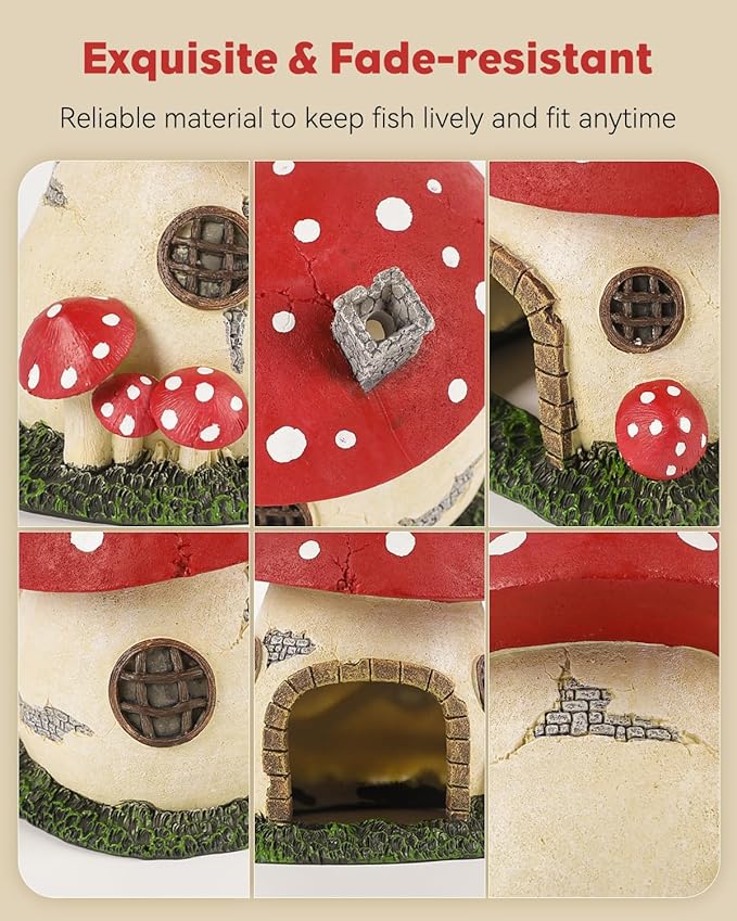 Uniclife Aquarium Mushroom House Fish Tank Decoration Resin Mushroom Cottage Ornament for Fish Tank Landscape Aquarium Hideout Hideaway Spawning Cave Decor for Shrimp Betta Goldfish and Reptiles